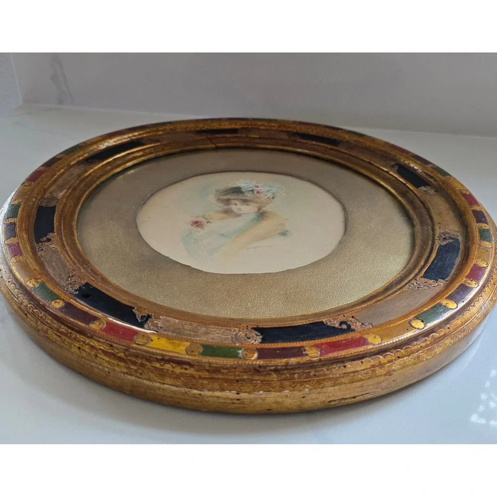 Antique Edwardian Gibson Girl Portrait Miniature Florentine Gilt Round Frame Art